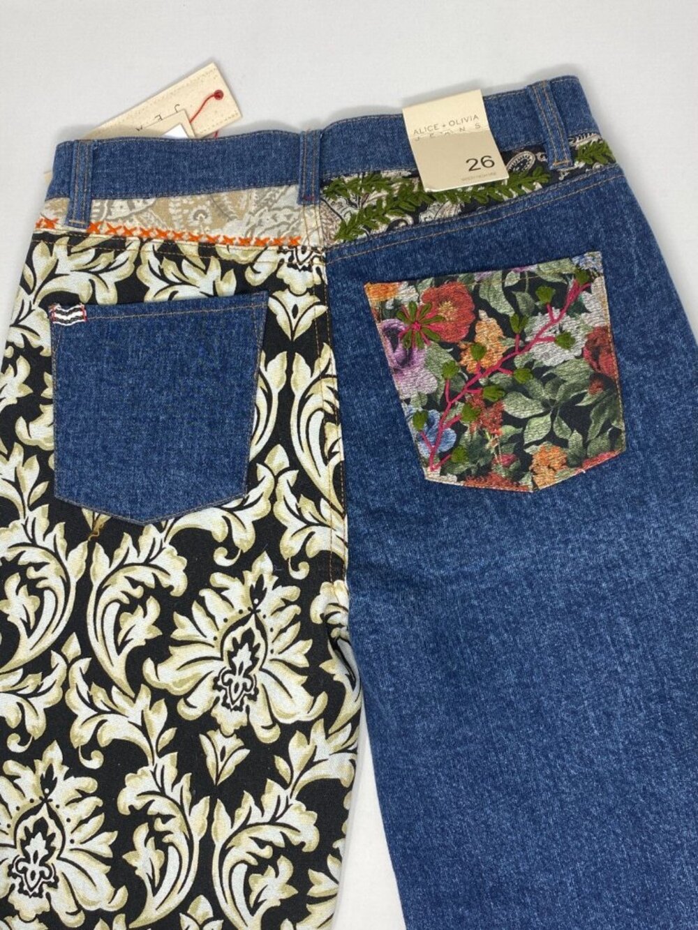 Alice + Olivia Weezy Lola Blue Multi Mixed Media Jeans 26 NWT $595 - Picture 8 of 11